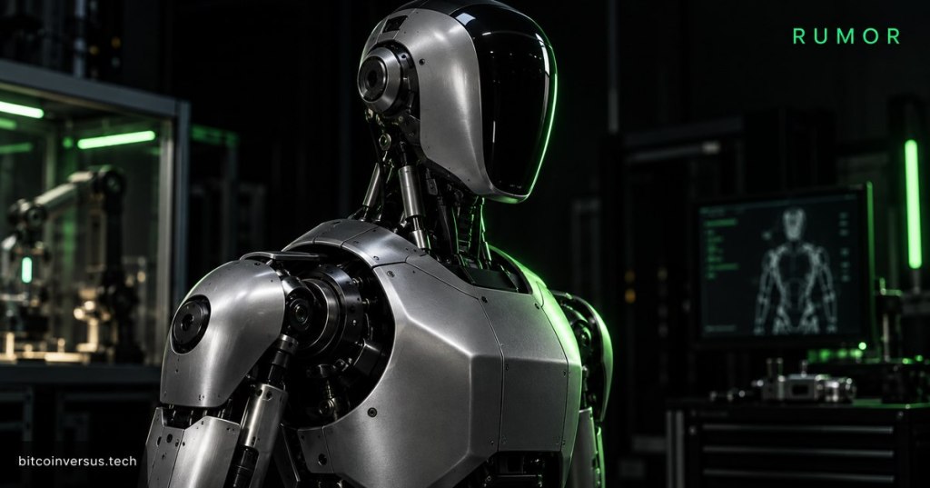 Illustrative silver humanoid robot in a dark laboratory with neon-green light and a Rumor label; not a photograph of Figure equipment.