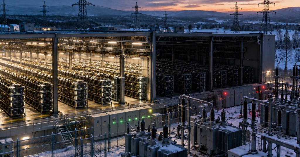 Snowy industrial Bitcoin mining facility and substation with one mining hall illuminated and another powered down