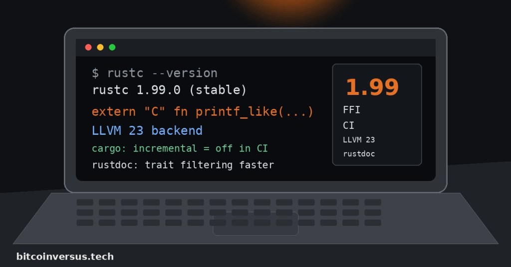 Dark code-focused Rust 1.99 programming cover showing C FFI, LLVM 23, Cargo CI behavior, and rustdoc improvements