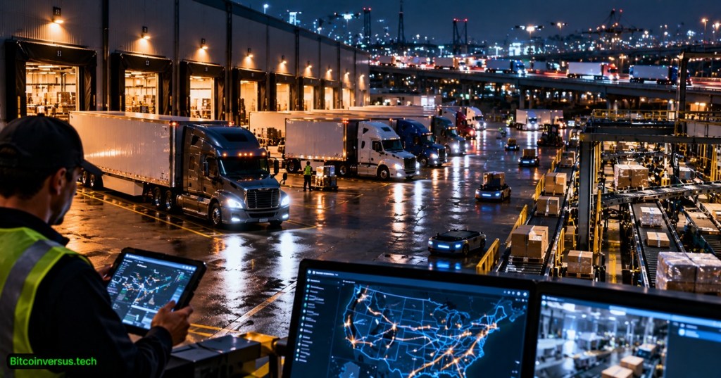 Realistic nighttime logistics hub with trucks, automated sorting, warehouse systems and route analytics, with only a small neon-green Bitcoinversus.tech tag at bottom left.