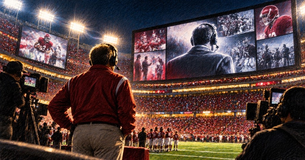 Original sports documentary cover art showing a college football coach watching stadium video boards during a televised production.