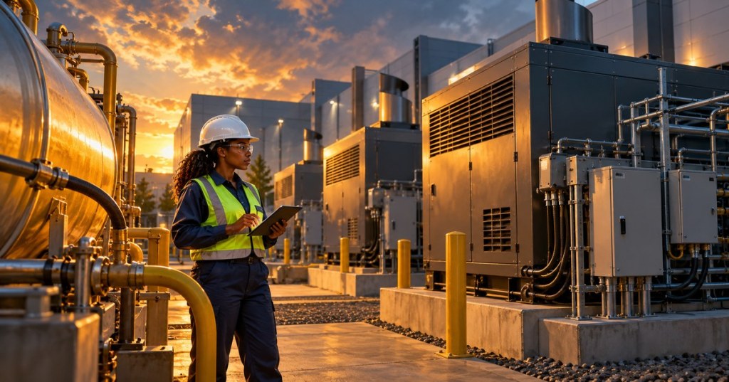 Editorial illustration of an engineer inspecting standby generators and fuel equipment at a modern data center during sunset.