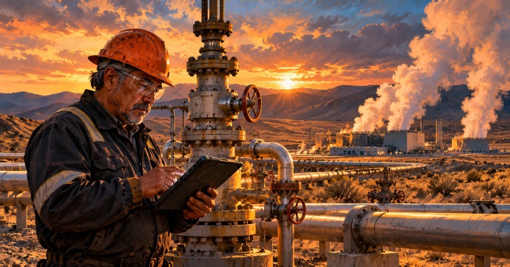 Original editorial painting of an older male geothermal technician inspecting surface piping and a wellhead at sunset in a Nevada desert geothermal facility; conceptual image, not a site photograph.