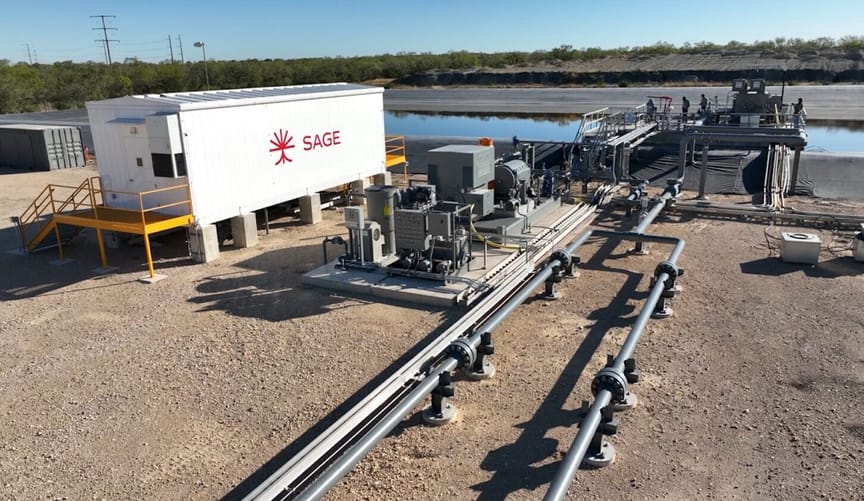 Sage Geosystems' existing SMECI geothermal test equipment and white control building in South Texas