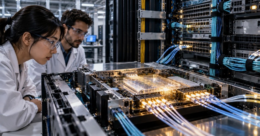 Editorial photo-style image of engineers examining an optical switching module inside a modern AI data center.