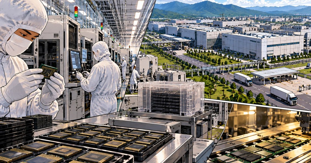 Wordless comic-style semiconductor cleanroom and chip testing campus illustration for a story about Samsung's Korea and Vietnam expansion.
