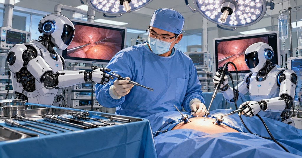 Wordless comic-style editorial illustration of a surgeon working with two humanoid surgical assistant robots in an operating room.