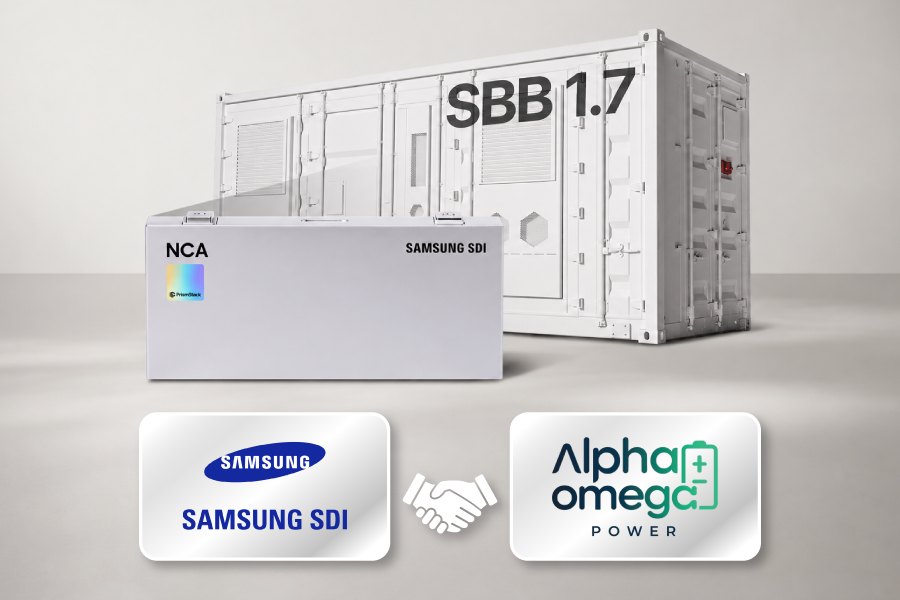 Samsung SDI SBB 1.7 battery container and NCA battery with the two companies' logos