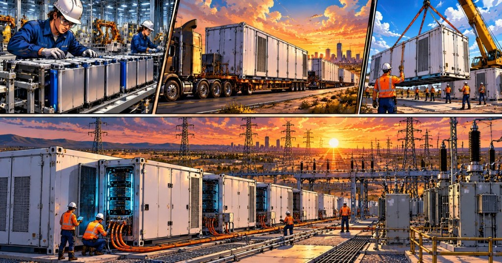 Wordless four-panel comic depicting US battery module manufacturing, container transport, crane installation, and a battery storage grid facility at sunset