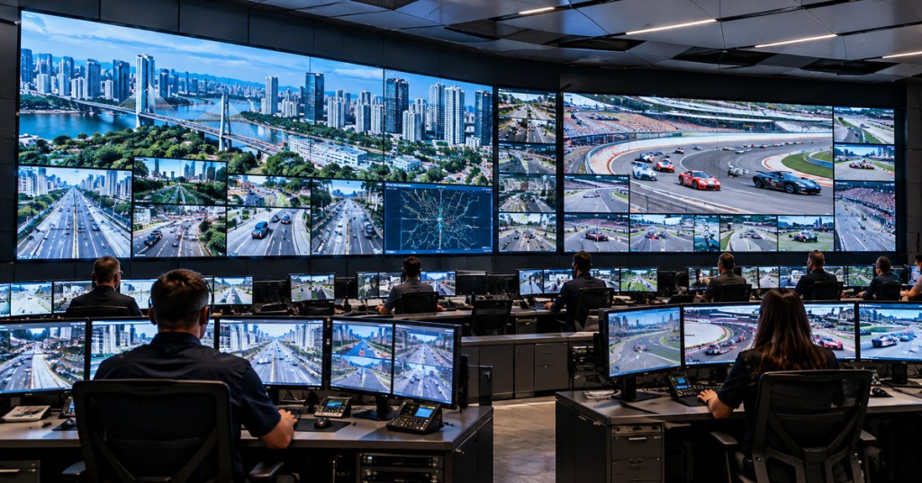 Editorial image of a modern command center with a large video wall showing smart-city traffic and motorsports feeds.