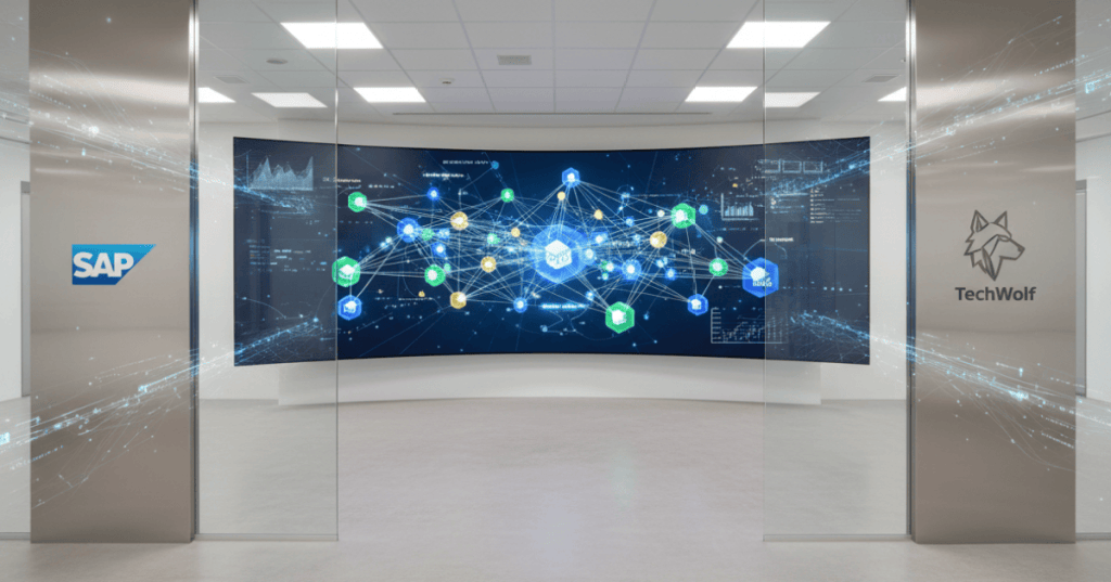 Enterprise AI operations center with SAP and TechWolf branding and a workforce skills graph visualization.