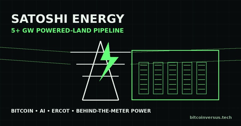 Technical illustration of a high-voltage power tower and data center representing Satoshi Energy's 5+ GW powered-land pipeline