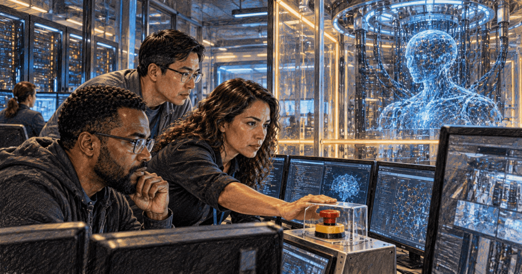 Diverse cybersecurity team monitoring an AI system beside an emergency stop control in a secure operations room