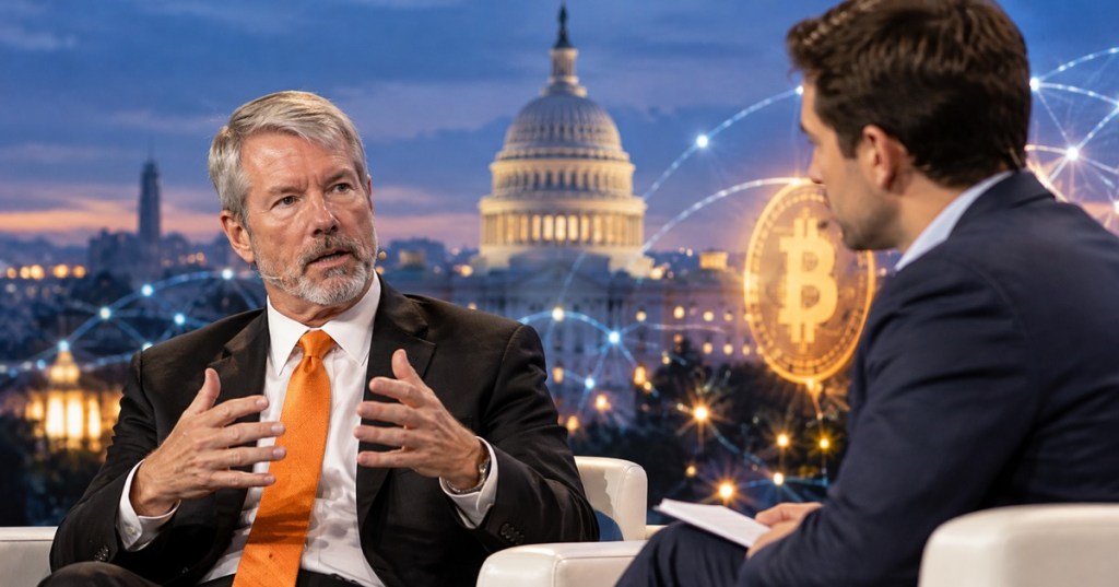 Editorial illustration of Michael Saylor discussing AI agents, Bitcoin and digital capital in Washington