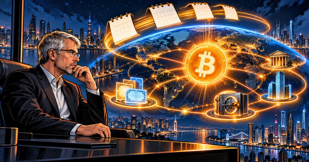 Original wordless comic editorial artwork of Michael Saylor observing a glowing Bitcoin and global 24-hour network, with calendar pages, tokenized securities and a secure vault representing Strategy's digital-credit plan.