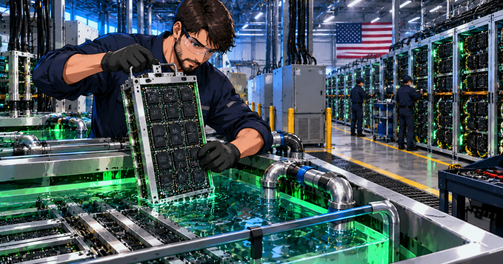 Anime-style Bitcoin mining facility with a technician lifting a modular immersion-cooled hashboard from a coolant tank inside a U.S. mining data center.