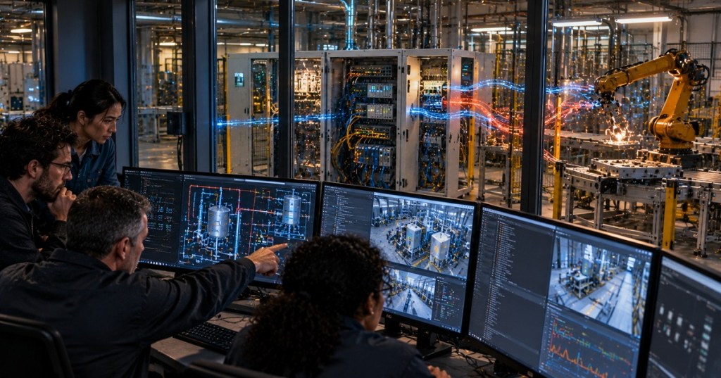 Industrial engineers monitor SCADA screens as AI-driven cyber activity crosses into PLCs and robotic equipment on a factory floor.