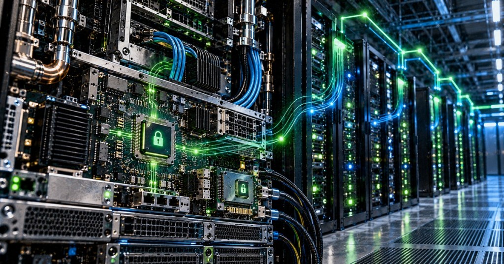 Secure AI data center control plane represented by server boards, rack hardware, liquid cooling and hardware-rooted security links.