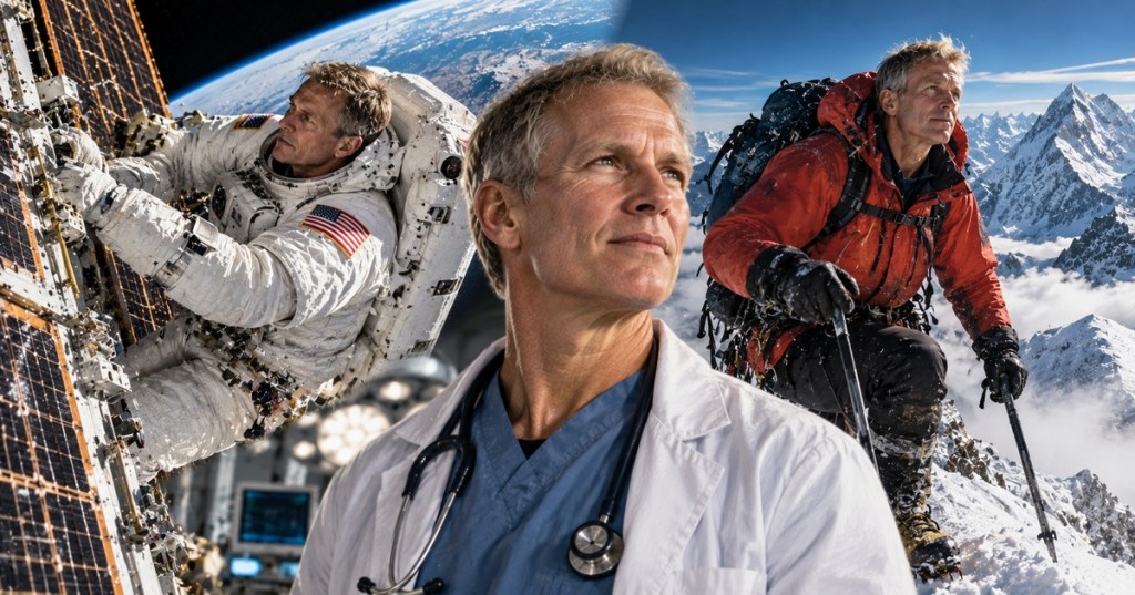 Editorial illustration of Scott Parazynski as a physician, astronaut and mountaineer.