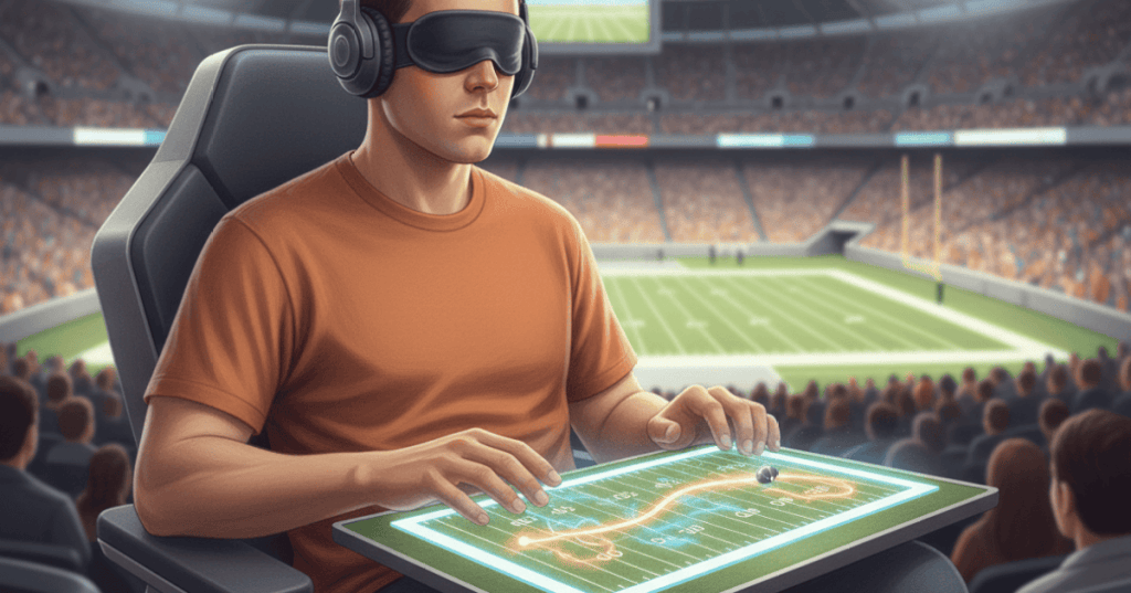 A blind football fan following a live game through a tactile haptic field device and headphones in a stadium.