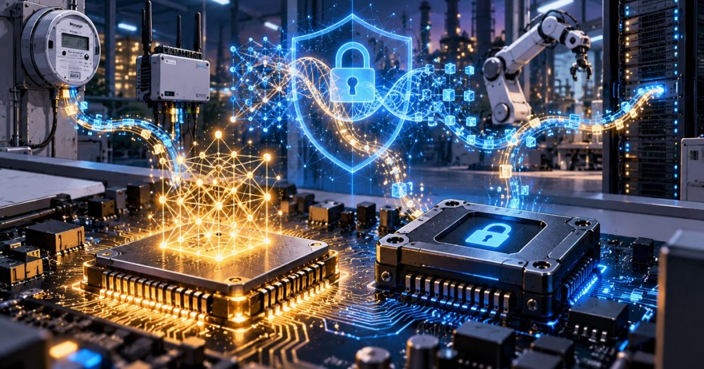 Anime-style editorial illustration of quantum-resistant security chips protecting industrial IoT devices, robotics and servers.