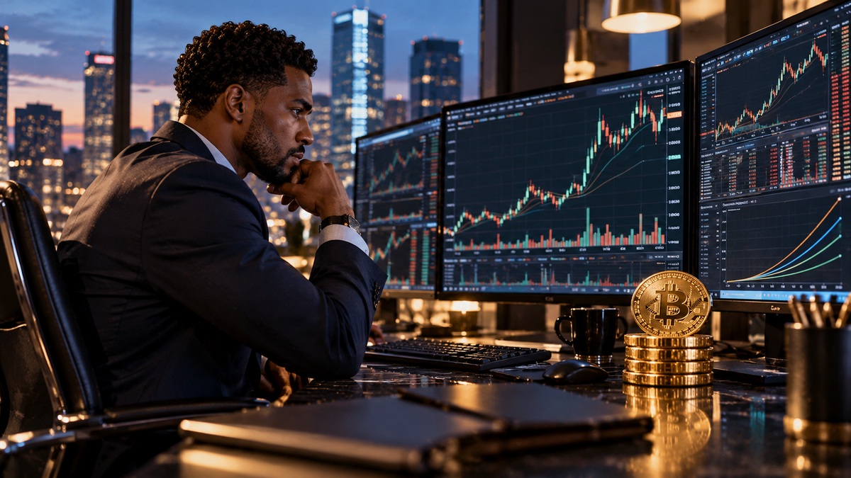 Photorealistic image of a Black financial trader monitoring volatile Bitcoin charts, representing the daily leverage and compounding risks of a 3x Bitcoin ETF.