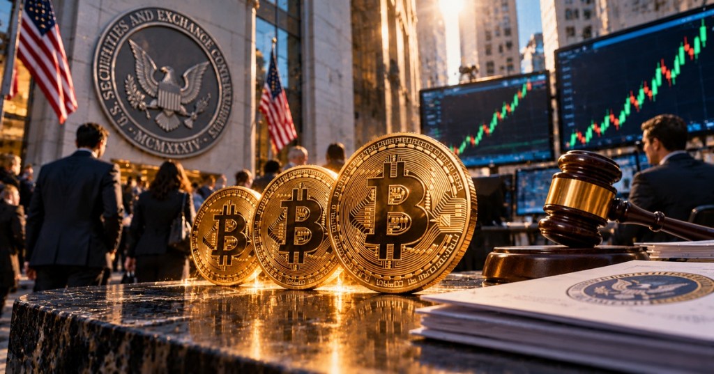 Photorealistic editorial image of three Bitcoin coins, SEC regulatory documents and market screens representing approval of a 3x Bitcoin ETF listing rule.