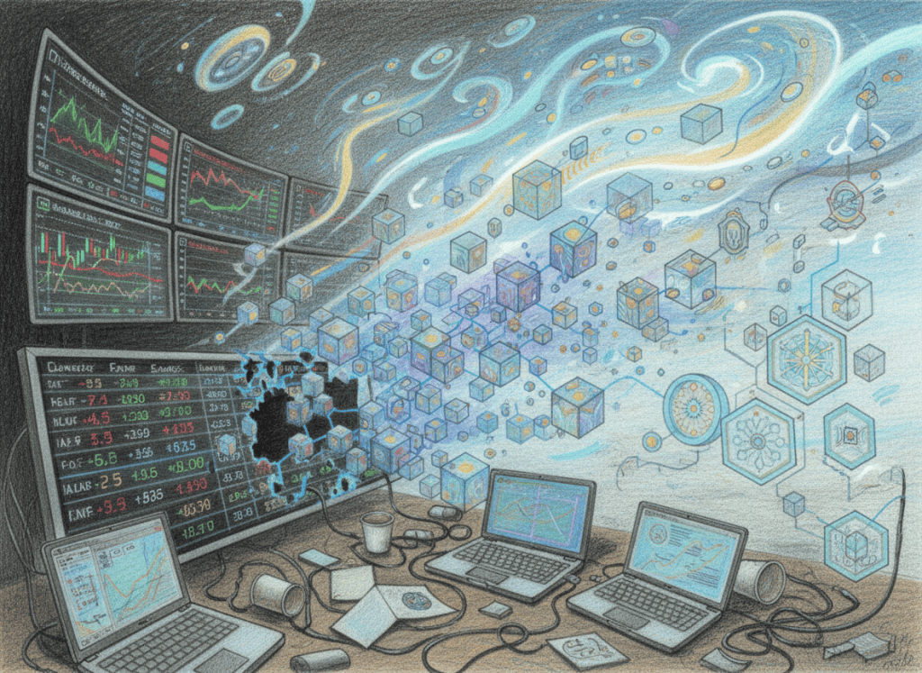 Color-pencil illustration of stock market infrastructure transitioning into blockchain-based tokenized shares