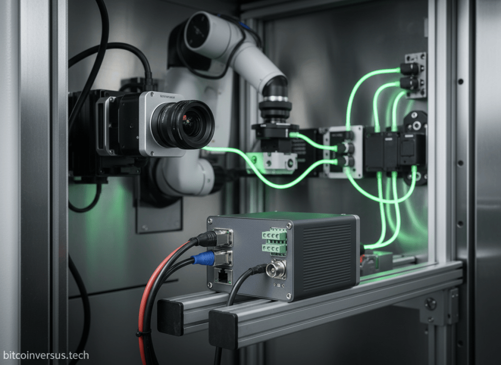 A fanless industrial edge AI computer mounted on a DIN rail linking machine-vision cameras, industrial I/O, Ethernet, and robotic equipment.