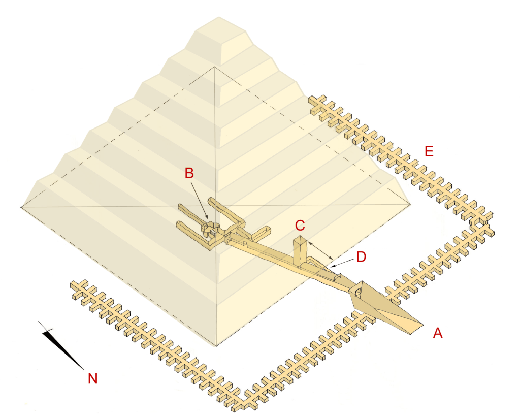 Interpretive axonometric drawing of Sekhemkhet's pyramid, proposed upper tiers and underground passages