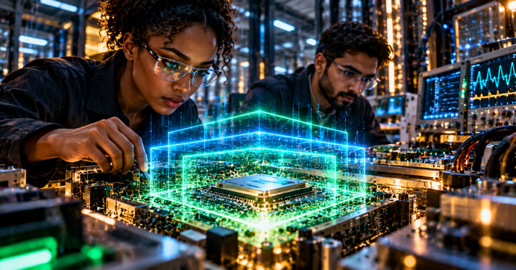 Engineers examining a processor behind luminous green and blue isolation grids in a secure electronics laboratory