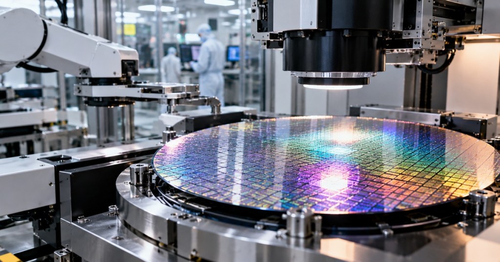 Realistic semiconductor cleanroom with a 300 mm silicon wafer under precision inspection equipment, illustrating wafer yield and defect control.