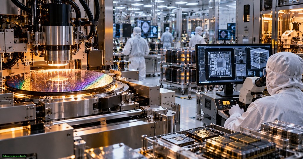 Photorealistic semiconductor cleanroom with wafer-processing equipment, inspection systems, advanced packaging hardware, and a small neon-green Bitcoinversus.tech tag at bottom left.