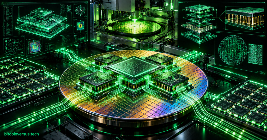 Conceptual semiconductor wafer with stacked AI chiplets, advanced interconnects and design-system overlays.