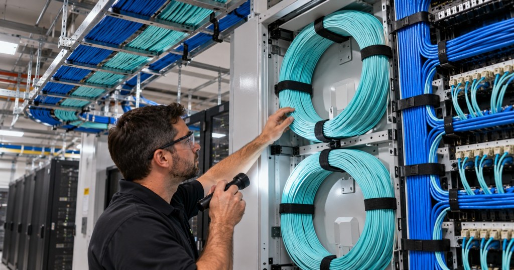 Technician inspecting aqua fiber service loops stored on a wall-mounted distribution panel in a data center.