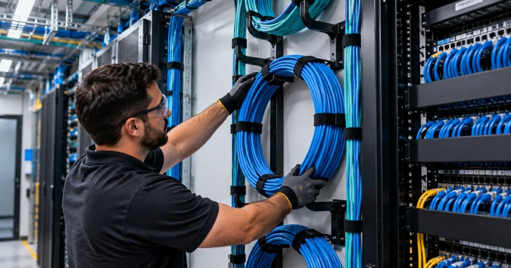 Technician arranging large blue network cable service loops on a wall-mounted cable manager beside data center racks.
