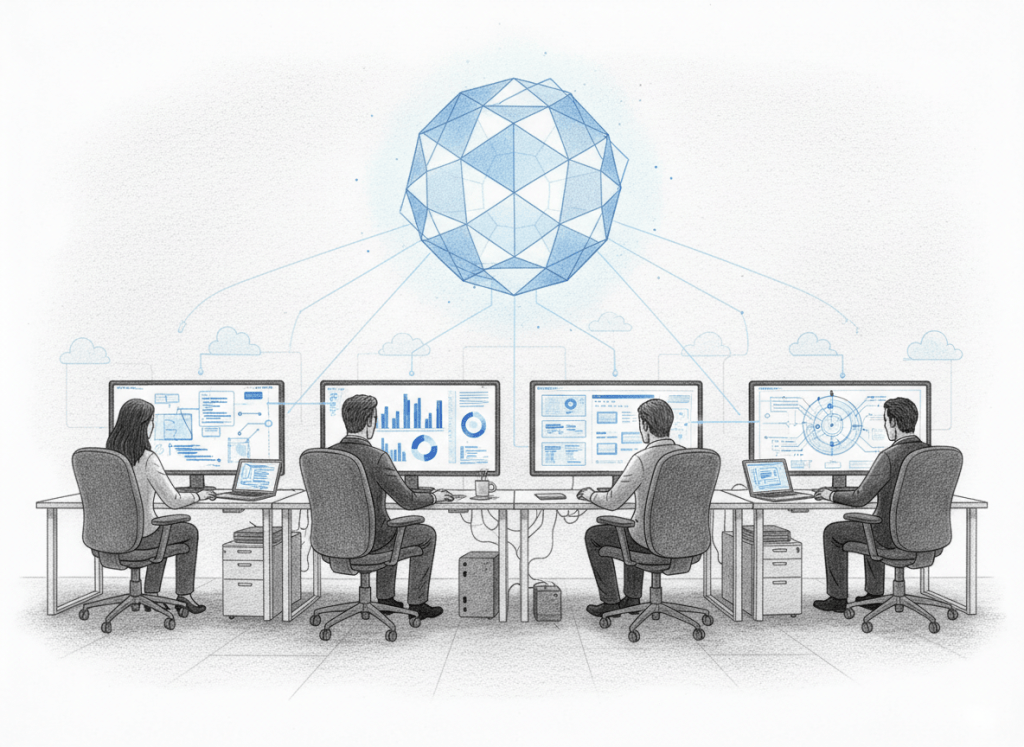 Color-pencil illustration of one shared AI agent coordinating work across several team members and their separate computers.