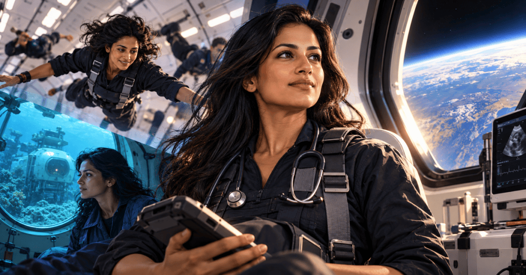 Editorial illustration of physician and research astronaut Shawna Pandya with space medicine, parabolic flight, and underwater research imagery.