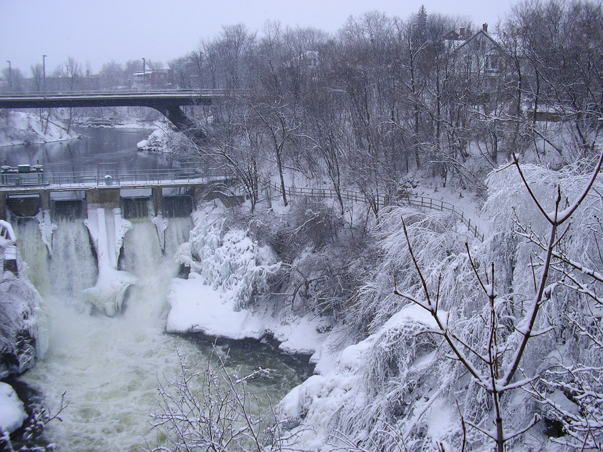 Frontenac hydroelectric dam on the Magog River in Sherbrooke during winter