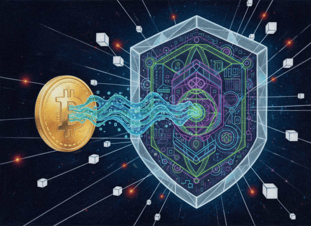 Color-pencil illustration of Bitcoin transaction data entering a cryptographic privacy shield.