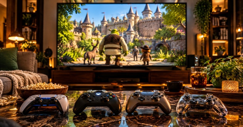 Original editorial-style photograph of four game controllers before a television with a green ogre approaching a fairytale castle.