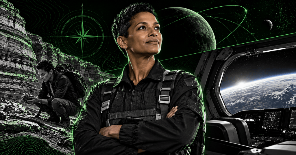 Sian Proctor represented as a geoscientist, explorer and spacecraft pilot in black and neon green editorial art.
