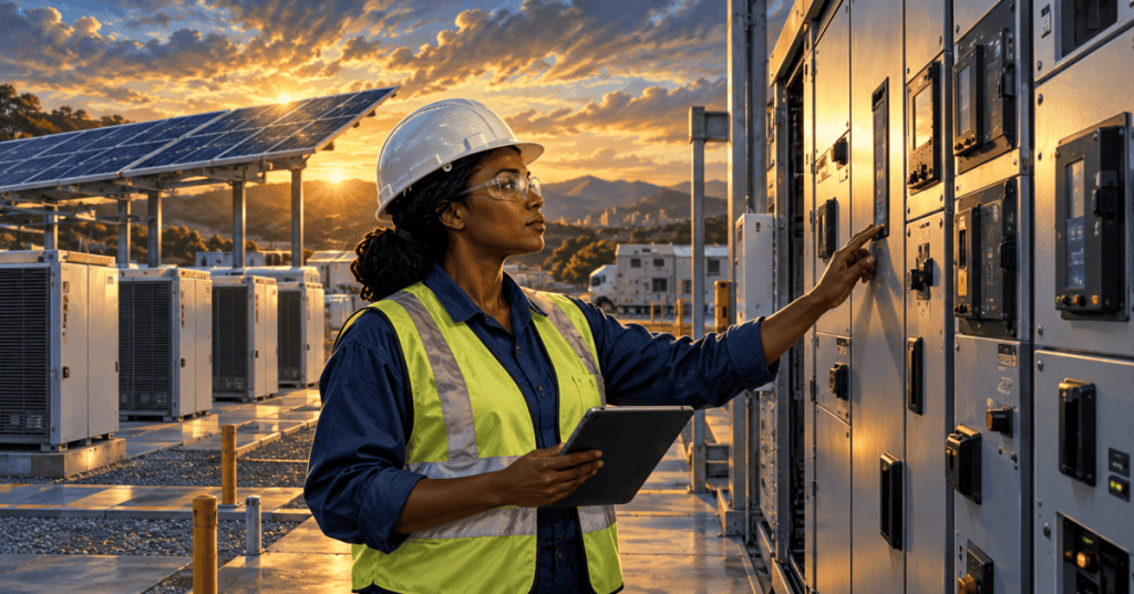 Editorial art of an electrical engineer working at switchgear next to solar generation and battery storage