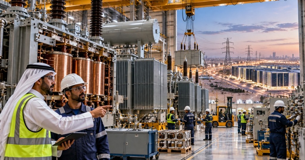 Large power transformers being manufactured in a Saudi industrial facility with high-voltage grid infrastructure and a data center in the distance