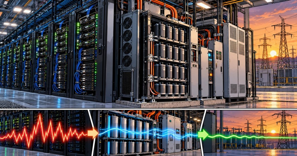 Wordless comic-style illustration of an AI data center with supercapacitor power cabinets buffering rapid power spikes between server racks and the electrical grid.