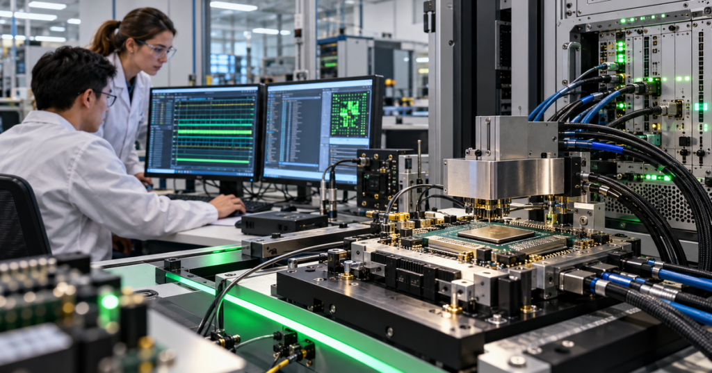Realistic semiconductor test lab with engineers analyzing a chip on automated test equipment.