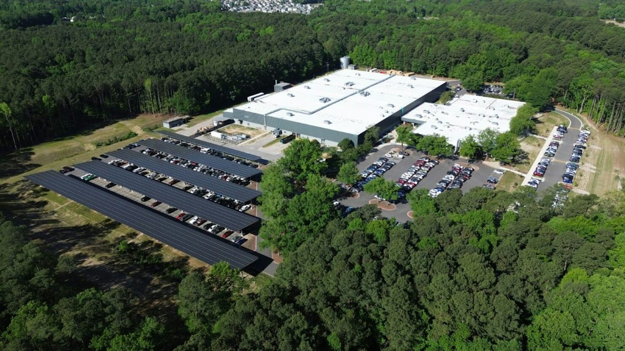 Aerial view of Siemens Wendell facility and solar carport system