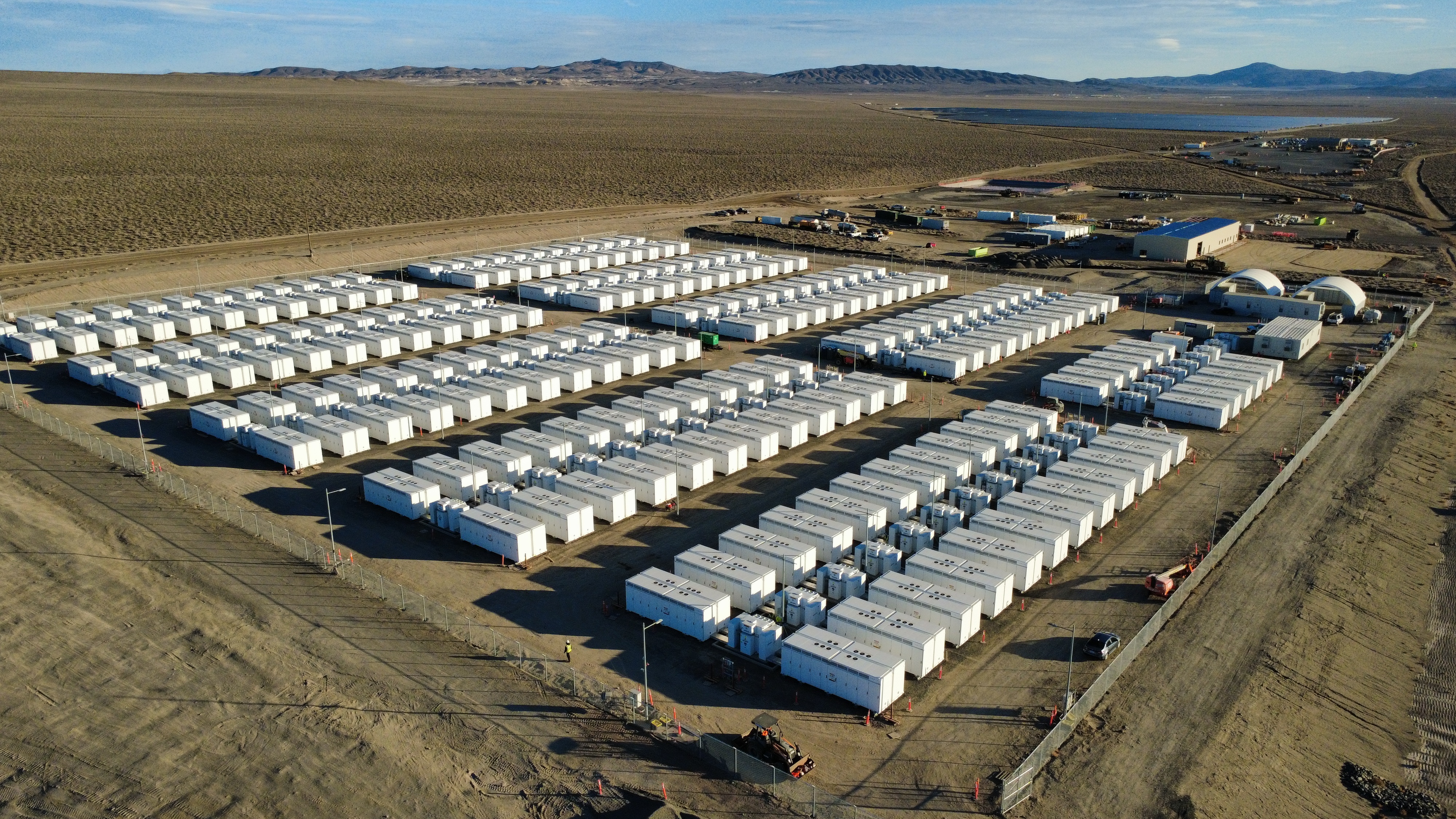 Aerial view of white storage containers and service structures at the Sierra energy storage site in Nevada
