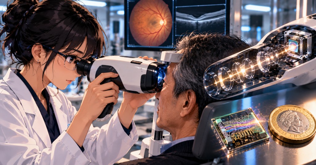 Anime-style editorial illustration of a clinician using a compact photonic-chip retinal scanner with an OCT image and tiny optical chip.