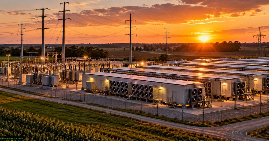 A large Bitcoin mining data center beside electrical substations and transmission lines across rural Iowa at sunset.